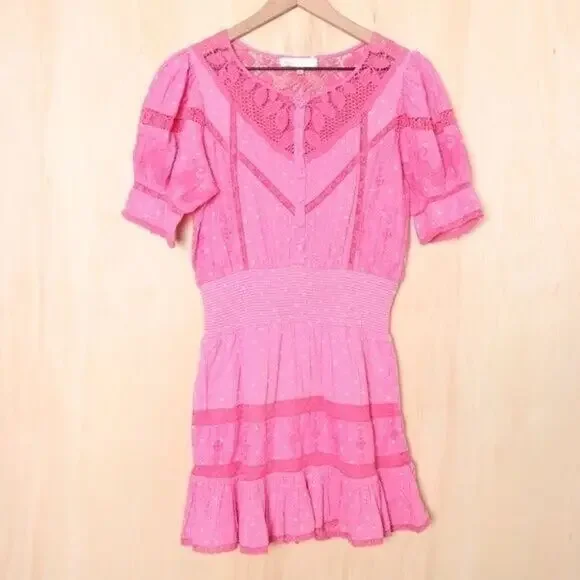LOVESHACKFANCY Jaislyn Shirred Polka-Dot Cotton Mini‎ Dress Pink Size XS - Picture 3 of 5